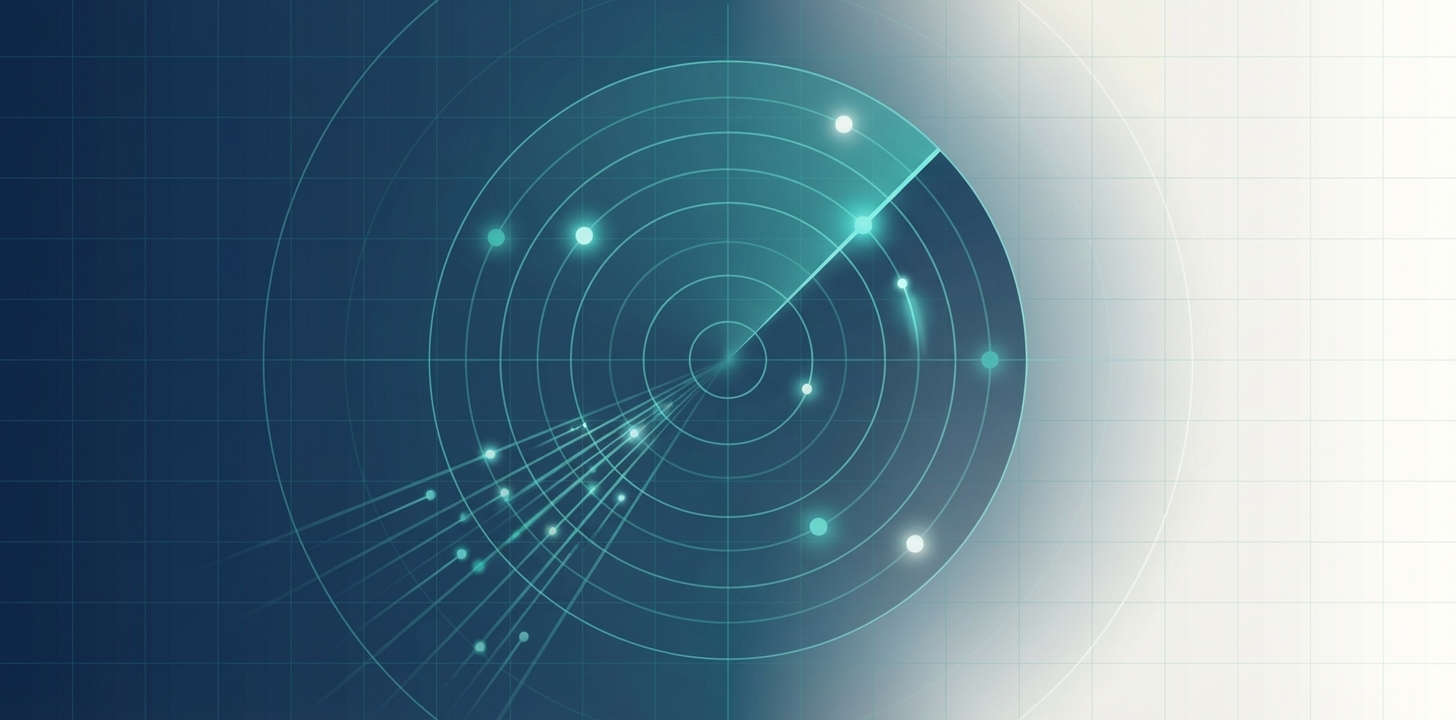 Abstract illustration of data signals converging toward a central analysis point, representing curated transformation intelligence
