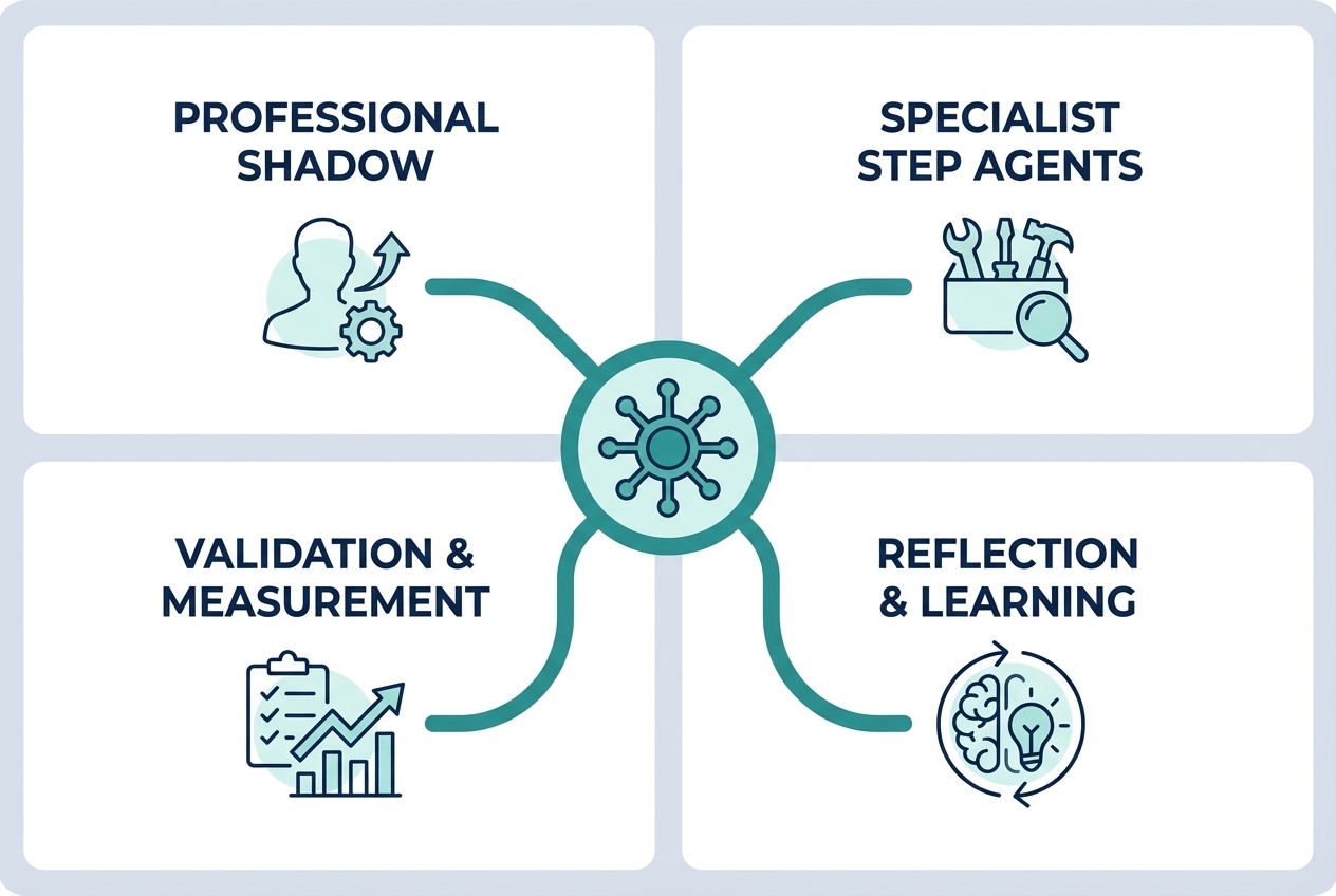 Diagram showing the TP90 agent ecosystem: Professional Shadow, Specialist Step Agents, Validation and Measurement, and Reflection and Learning, connected through a central orchestration node