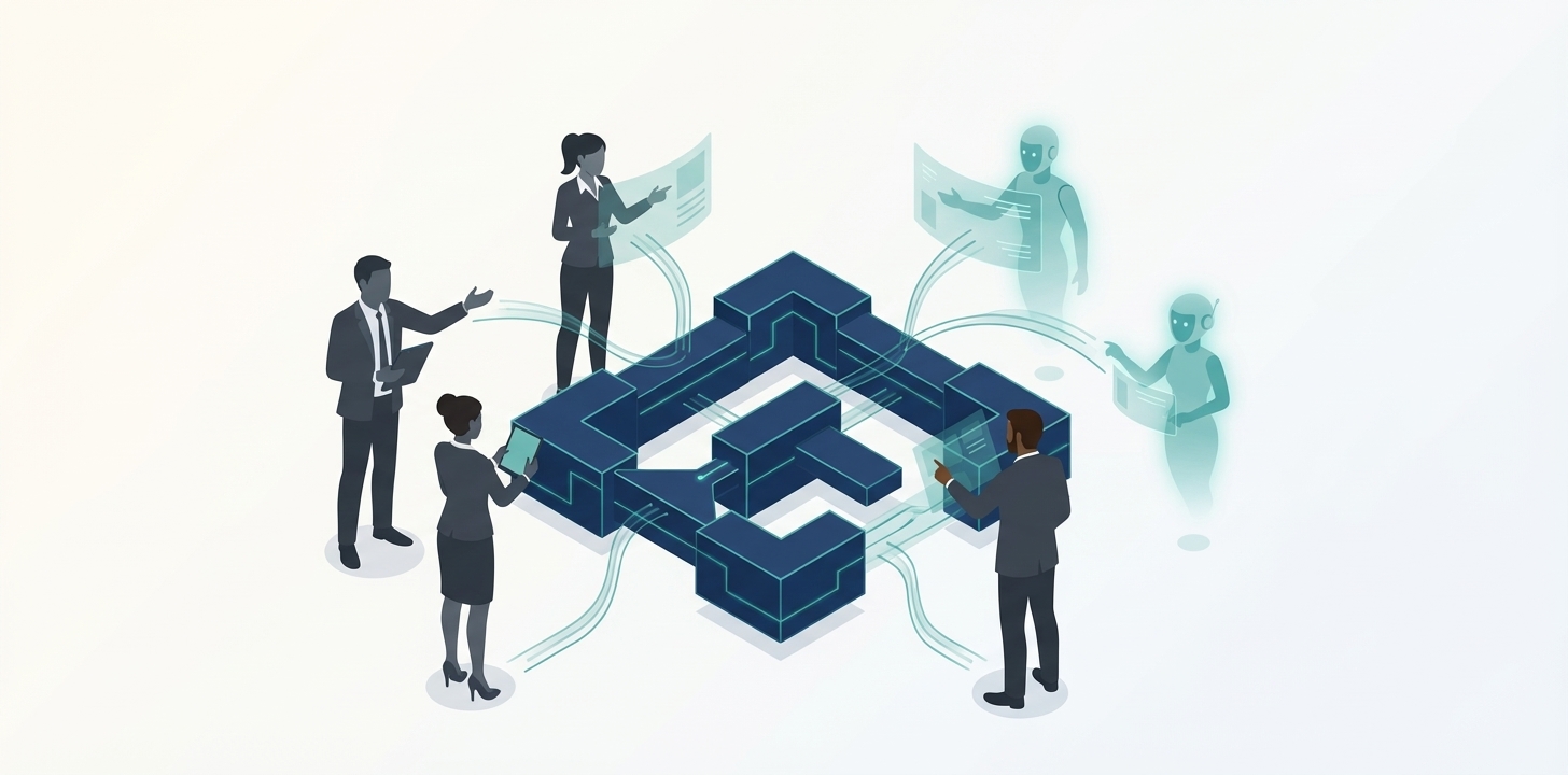 Professionals and AI agents collaboratively building a transformation platform